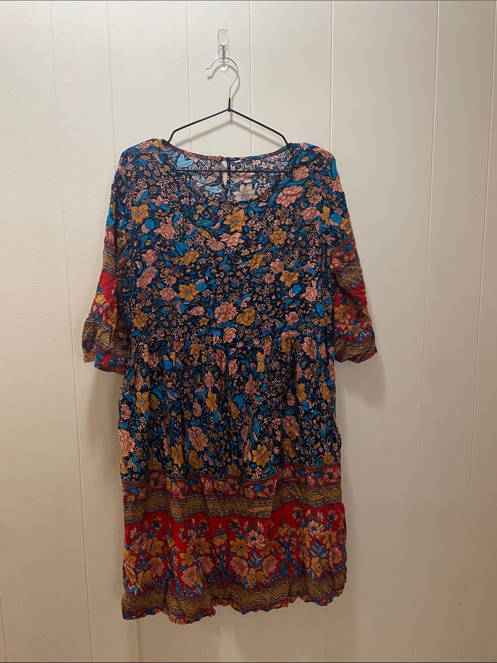 Floral Boho Midi Dress - Navy & Red